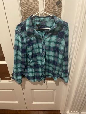 Talbots Green and Navy Plaid Button-Up Shirt